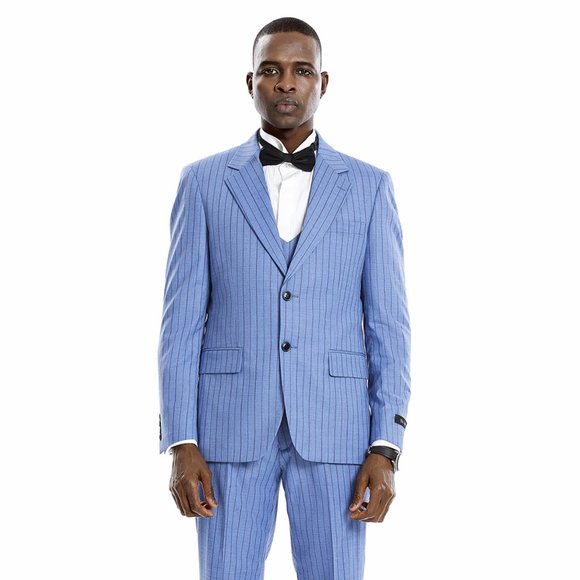Men's Pinstripe 3-Piece Suit w/ Double Breasted Vest, Smokey Blue - Picture 4 of 9